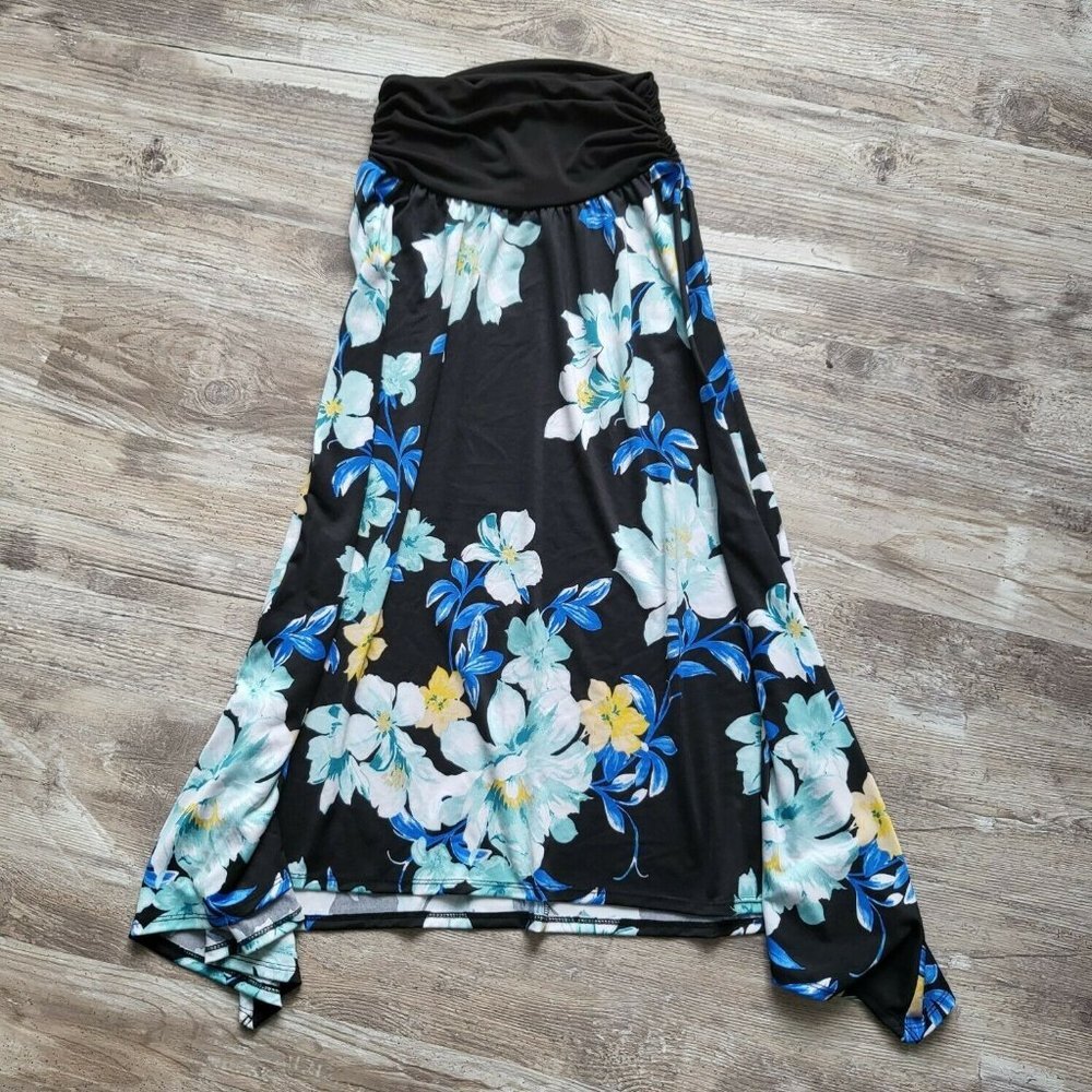Apt 9 Womens Black Blue Floral Polyester Elastic Waist A Line Skirt Size Small